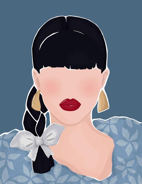 beautiful brunette in a blue dress with a bow bright flat vector illustration