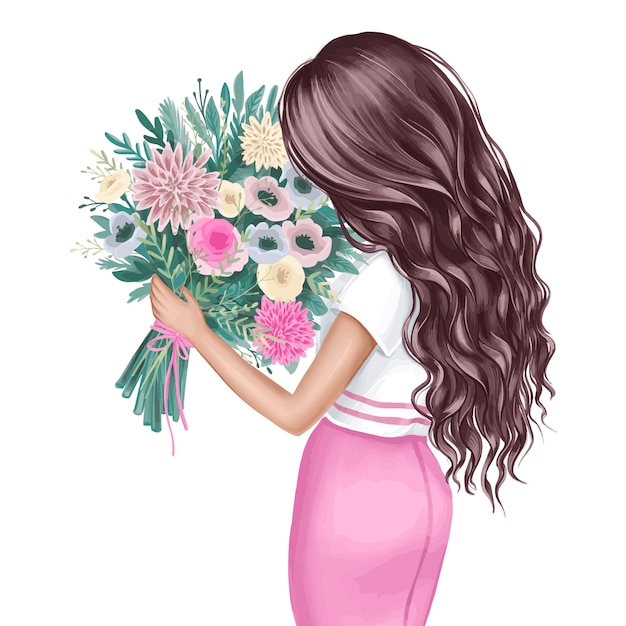 Beautiful brunette with a bouquet of flowers. Fashion illustration.