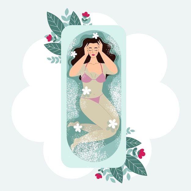 Beautiful brunette woman in bath with salt and flowers Relaxation spa body care Vector illustration in cartoon flat style