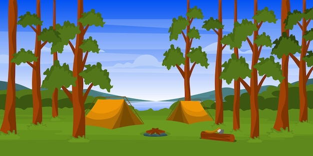 Vector beautiful camping background with camps and hills