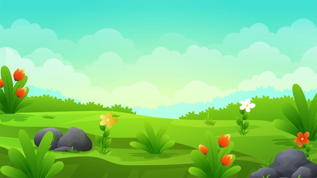 Beautiful cartoon Grassland with Flower, bushes and trees, landscape vector illustration