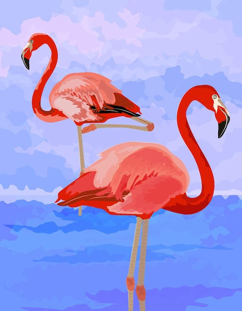 Beautiful cartoon illustration pink flamingos on blue background for paper design