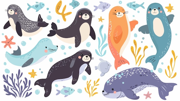 Beautiful Cartoon Illustration with Colorful Sea Animals