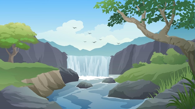 Beautiful cartoon landscape with stream and waterfall