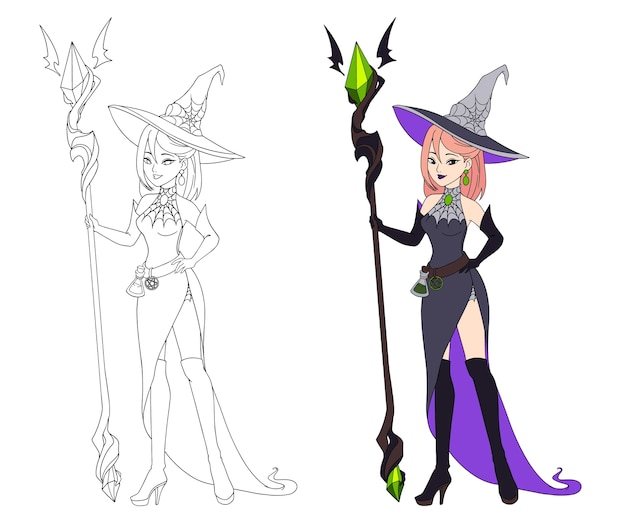 Beautiful cartoon witch holding big staff