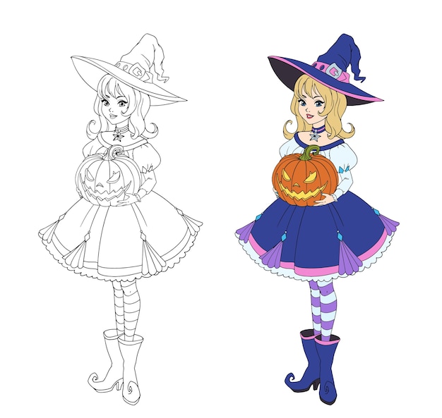 Beautiful cartoon witch holding Halloween pumpkin. Blonde hair, blue dress and big hat. 