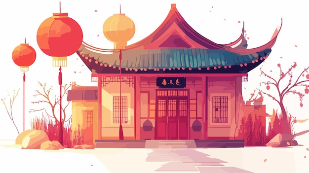 Vector beautiful chinese landscape house with lampion cartoon illustration