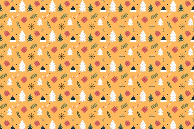 Beautiful Christmas pattern decoration with pine tree and gift icons on a yellow background Seamless Xmas pattern elements for the event Minimal Christmas pattern vector for wallpapers and gift card