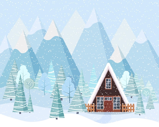 Vector beautiful christmas winter landscape background in flat style. christmas forest woods with mountains, a-frame country house.