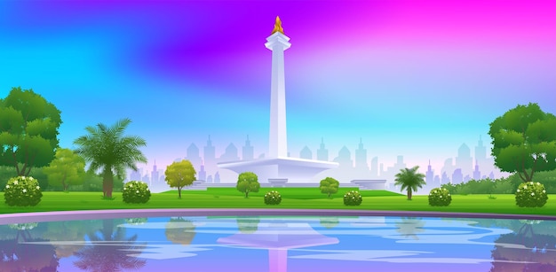 Beautiful city park of Monas monument with Reflections in water