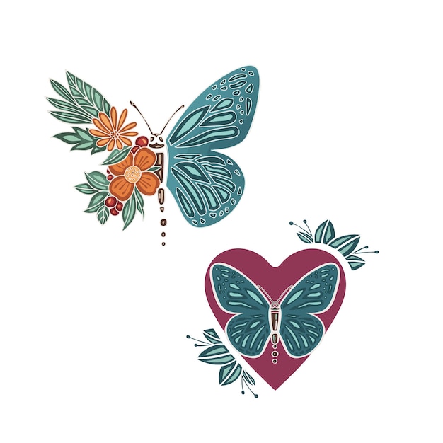 Beautiful colored ethnic love butterflies are hand drawn