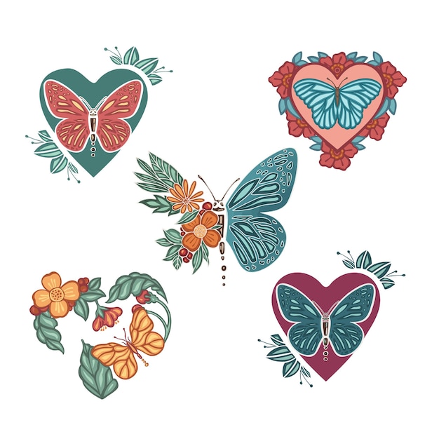 Beautiful colored ethnic love butterflies are hand drawn