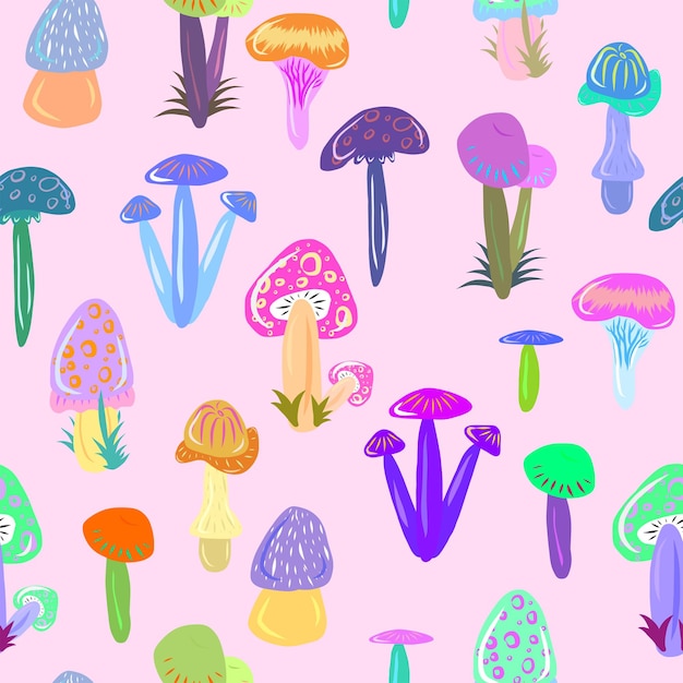 Beautiful Colored Mushrooms Kids Vector Background Pattern Seamless