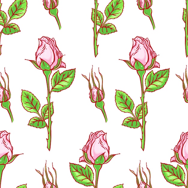 Beautiful colorful seamless background of pink roses on a white background. hand-drawn illustration