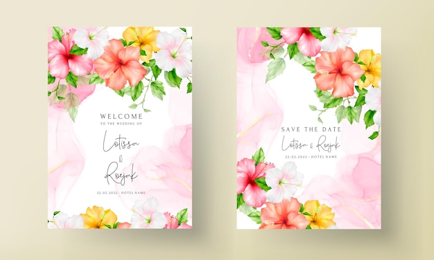 beautiful colorful watercolor hibiscus flower wedding card set