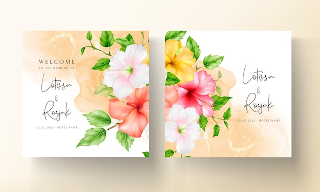 beautiful colorful watercolor hibiscus flower wedding card set