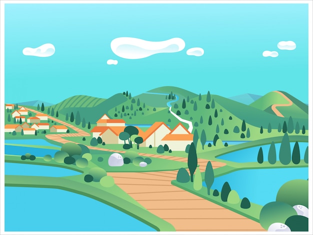 Beautiful countryside landscape with mountains, hills, lake, houses and road illustration. used for poster, website image, info graphic and other