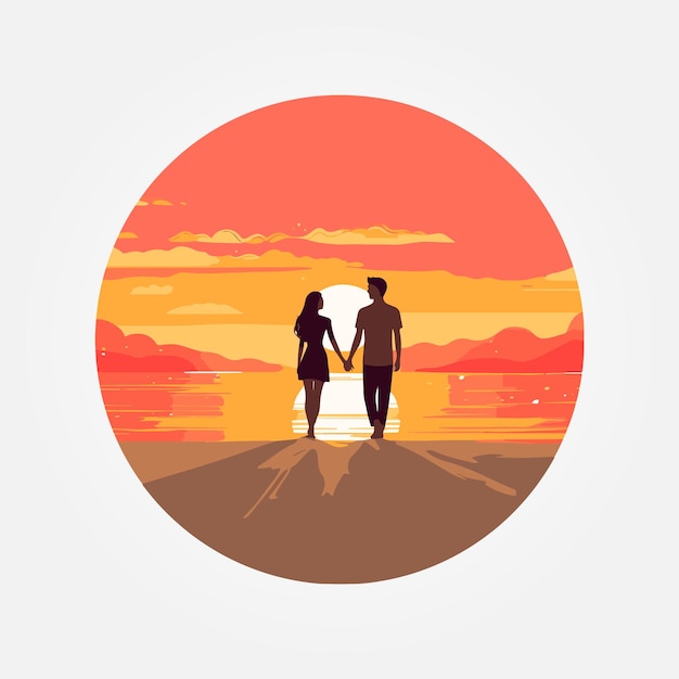 Vector beautiful couple walking by the sea during sunset