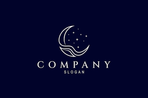 Beautiful crescent moon logo decorated with sparkling stars in one continuous line design concept