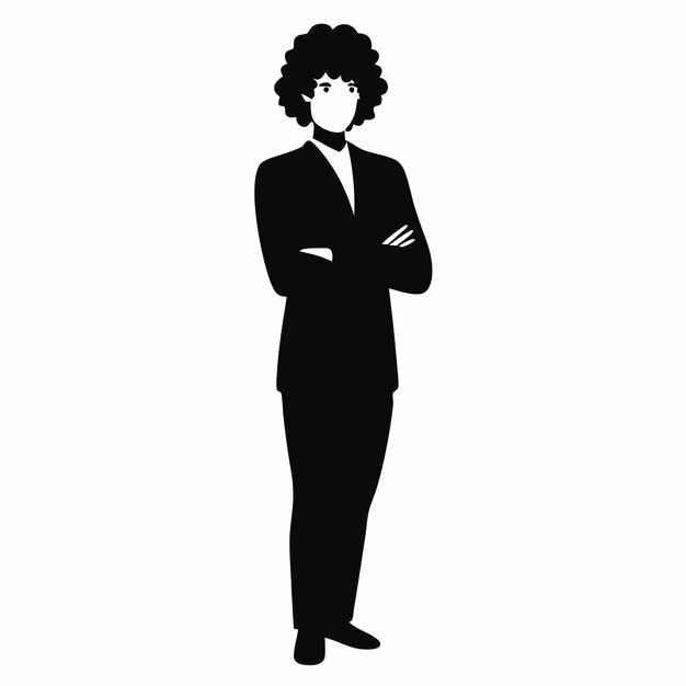 Vector a beautiful curly hair business man standing pose stylish pose with folding arm black color silhouette isloated white background 12