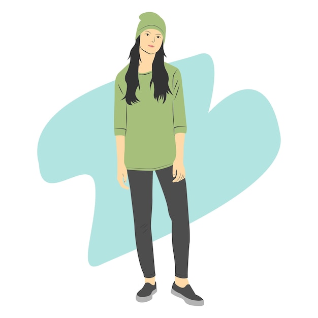 Beautiful and cute female character wearing green casual clothes Flat cartoon vector illustration