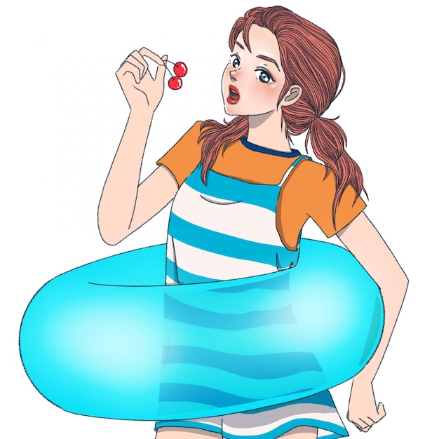 Beautiful cute girl fun at beach illustration character