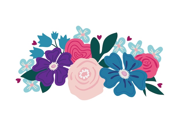 Beautiful cute hand drawn flowers and leaves in a bouquet Vector flat illustration