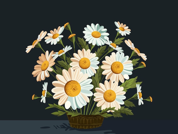 Beautiful Daisies Bouquet In Basket Against Black Background