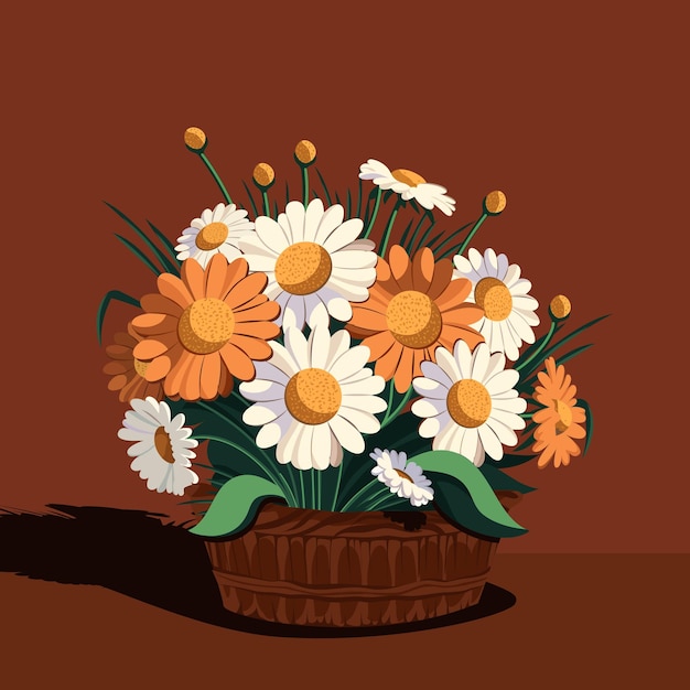 Beautiful Daisies Bouquet In Basket On Umber Background