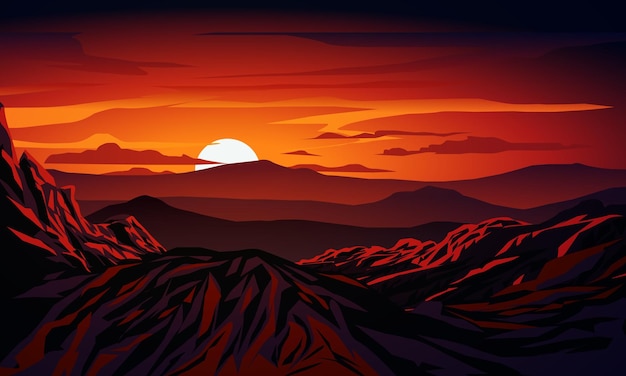 Vector beautiful dark red sunset over mountains