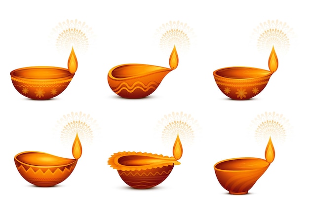 Beautiful diwali diya lamps illustration set design