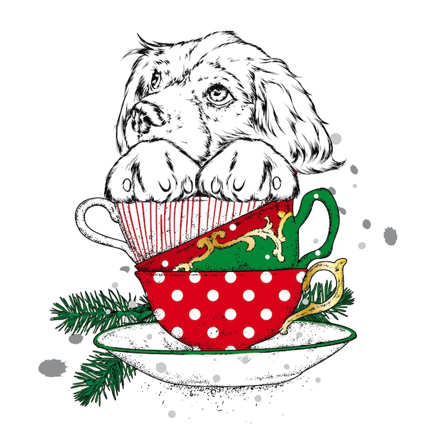 Beautiful dog with Christmas cups