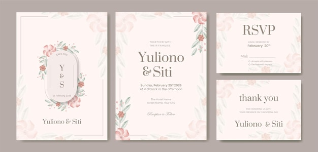 beautiful double side floral watercolor wedding invitation template premium vector