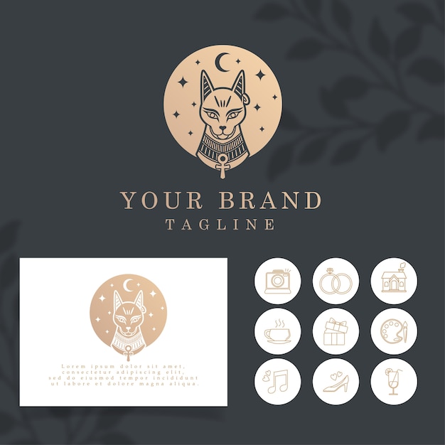 BEAUTIFUL EGYPT CAT ELEGANT LINE ART LOGO EDITABLE TEMPLATE