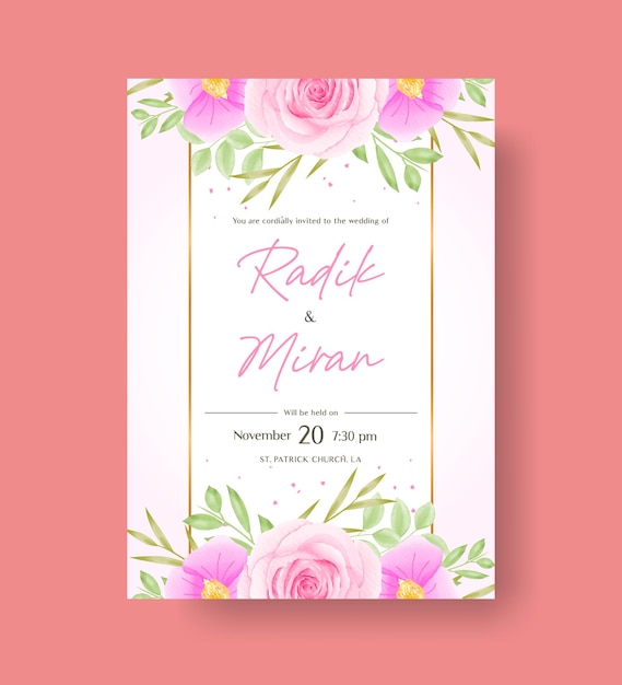 Beautiful and elegant watercolor wedding invitation card design with pink roses and green leaves