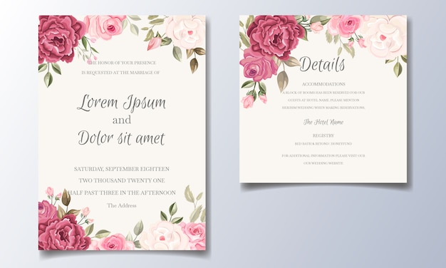 Beautiful and elegant wedding invitation card template set with floral frame