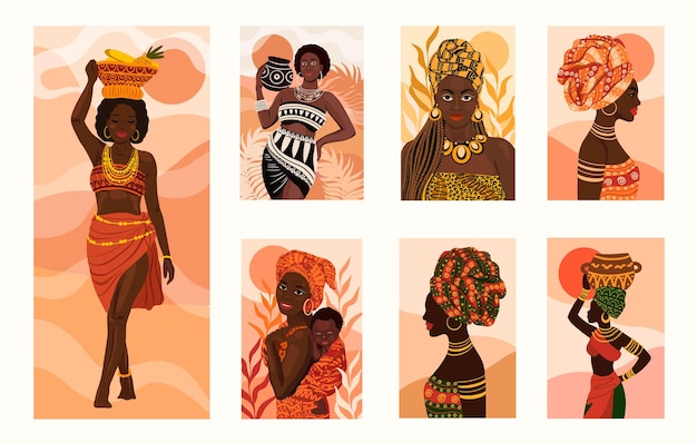 Beautiful ethnic African women flat style portraits collection Vector illustration