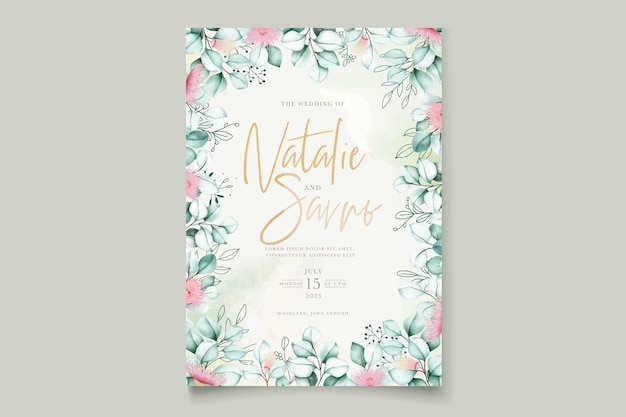 beautiful eucalyptus flower and leaves wedding invitation card set