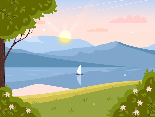 Vector beautiful evening spring landscape the yacht floats on the lake river mountains and water sunset sky setting sun blooming bushes vector illustration for background website posters postcards