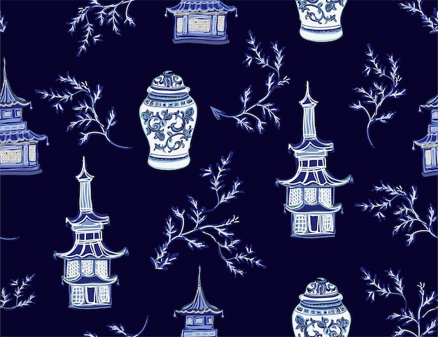 Vector beautiful exotic chinoiserie hand drawn vintage chinese sakura trees vases padogas