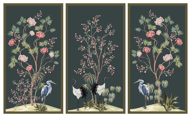 Beautiful exotic chinoiserie wallpaper Hand drawn vintage chinese rose trees sakura peony flowers