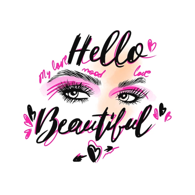 Beautiful eyes with long black eyelashes pink eye shadow handwritten quote