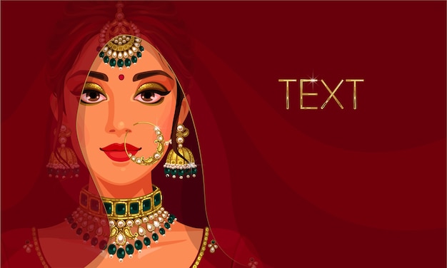 Beautiful face of Indian bride with copy space