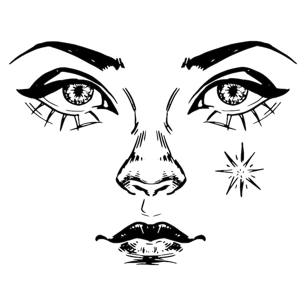 Beautiful face of a witch fortune teller soothsayer Halloween hand drawn vector illustration Ink sketch of woman face isolated on white