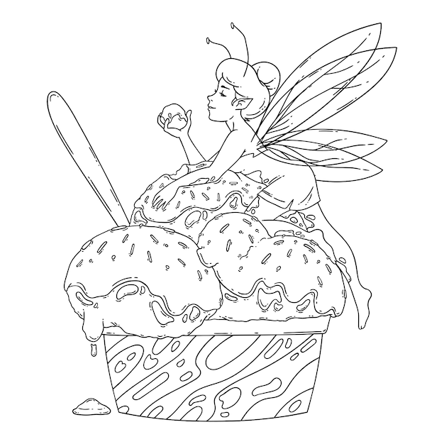 Beautiful fairy lies on balls of ice cream. Outline black and white art. Food art, summer refreshing concept, traditional seasonal cold sweets. Coloring page. Fairytale illustration.