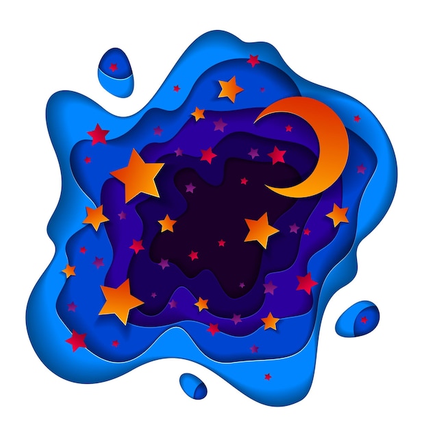 Beautiful fairy night with deep blue and violet curve line abstract shapes and crescent moon with shiny stars, vector modern style paper cut 3d illustration.