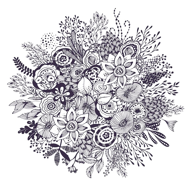 Beautiful fantasy bouquet with hand drawn flowers, plants, branches. Black and white vector illustration.