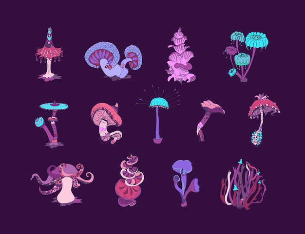 Beautiful fantasy mushrooms set. Magic mushrooms of various shape, unusual nature elements on dark background. Hand drawn concept. Vector illustration.