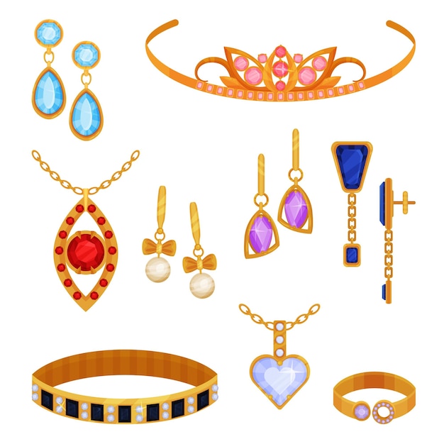 Vector beautiful fashionable gold jewelry set tiara necklace bracelet gold chain earrings pendant ring