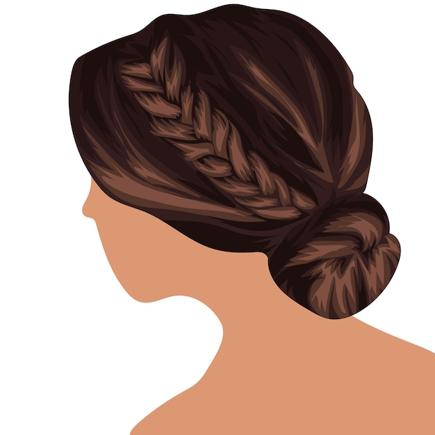 beautiful female bun hairstyle for long brown hair side view vector illustration